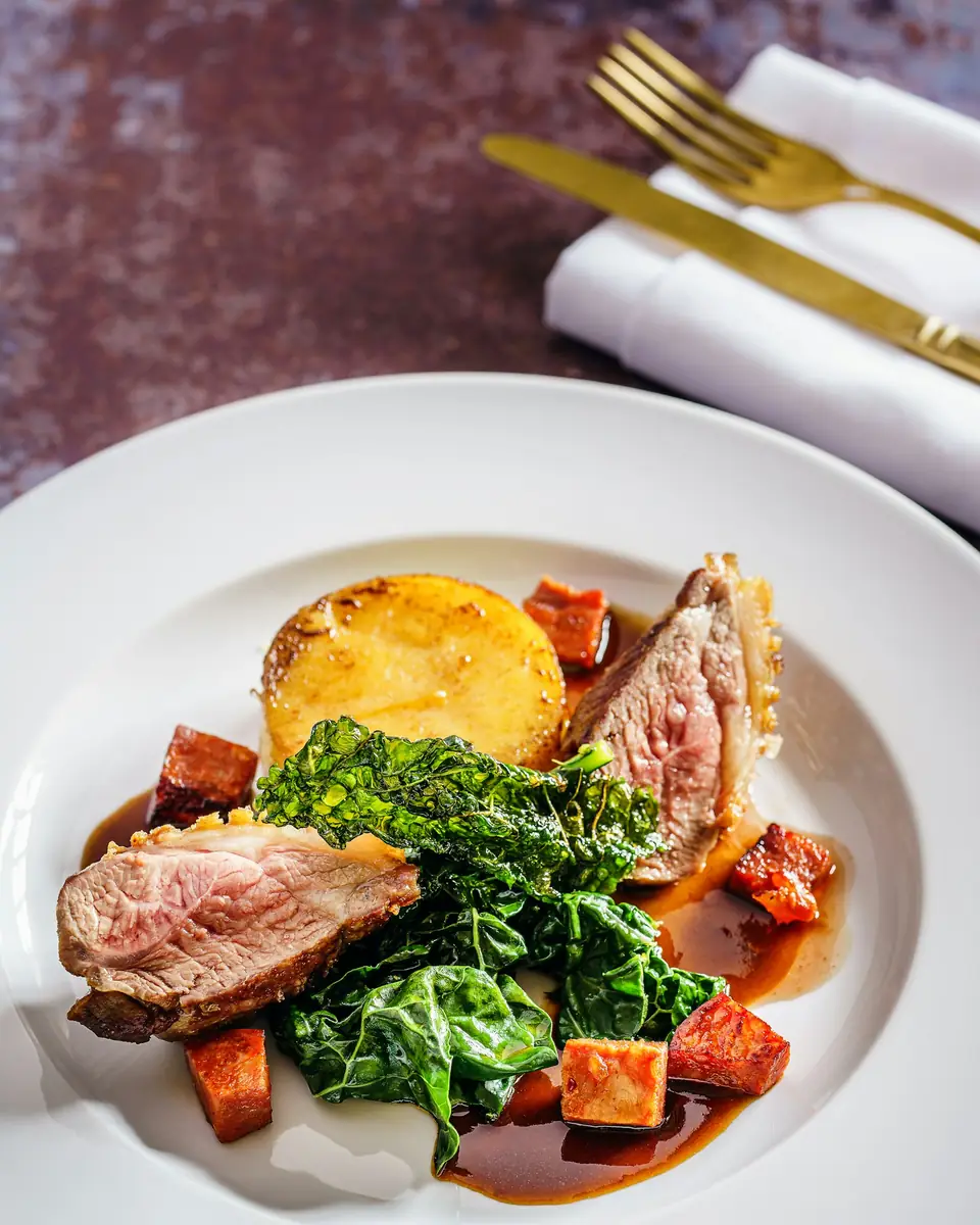 Magret de canard tranché servi avec une galette de pommes de terre, du chou kale et des dés de courge